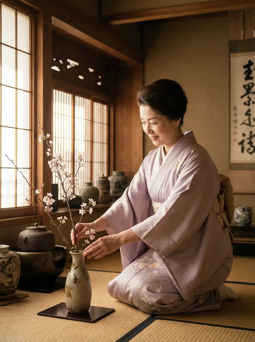一位优雅的 河蟹屋 在和室中插花